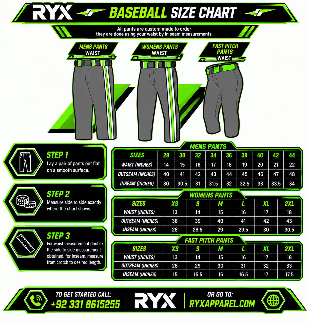 Baseball Pant Size Chart